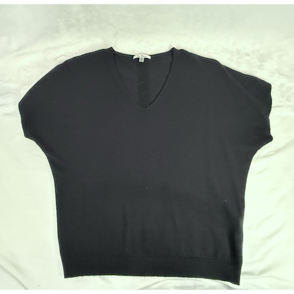 Vila Milano Black Knit Sweater Top S V Neck Short Sleeve Minimalist Careercore